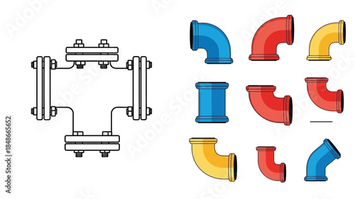 Technical illustration displaying various pipe fittings and a strainer component