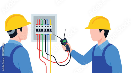 Electrical safety check two technicians inspect a distribution board with testing tools