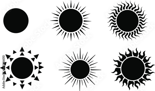 Black sun icon pack, stylized solar symbols, abstract sun graphics, flame ray sun shapes, vector sun silhouettes, minimal sun design collection