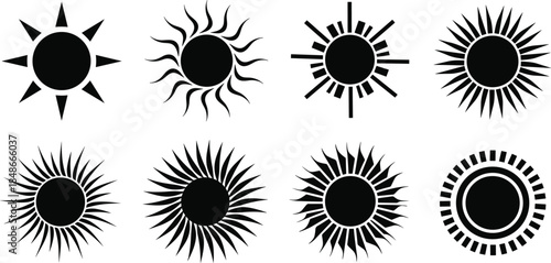 Black sun icon set, stylized solar symbols, abstract sun graphics, flame ray sun shapes, vector sun silhouettes, minimal sun design pack