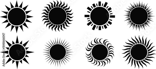 Black sun icon set, stylized solar symbols, abstract sun graphics, flame ray sun shapes, vector sun silhouettes, minimal sun design pack
