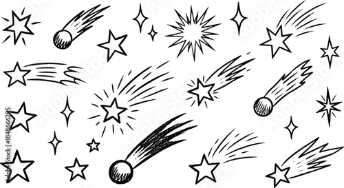 Hand drawn crayon star set with sketch texture in black, including doodle stars, comets and bursts in chalk style. Crayon star illustration with sketch texture.