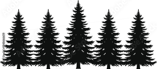 Evergreen pine tree forest silhouette vector illustration, coniferous fir woodland landscape for nature outdoor design, spruce timberline decorative horizontal border