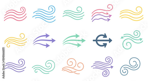 Colorful Wind and Airflow Vector Icons Set.
