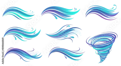 Abstract Blue Water Wave and Tornado Vector Set.