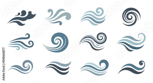 Collection of Stylized Water Wave Vector Graphics in Blue Tones.