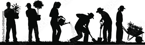 Group of gardeners and farmers working silhouette vector, people planting trees and watering plants flat illustration, agricultural landscaping community gardening