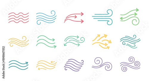 Collection of Colorful Wind and Air Flow Vector Icons with Arrows and Swirls.