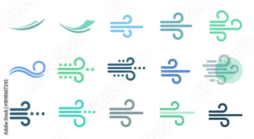 Collection of Stylized Wind and Air Flow Icons in Various Colors and Designs.