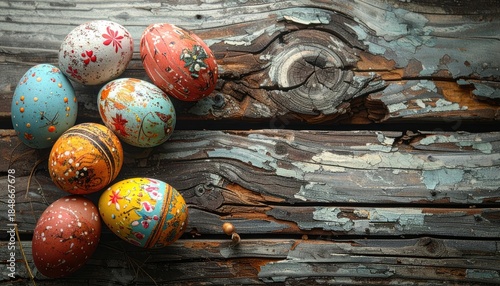 A collection of vibrantly decorated Easter eggs rests upon weathered, rustic wooden planks.