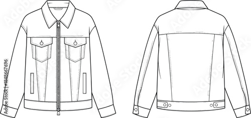Oversized denim jacket technical sketch with zipper front, trucker jacket flat vector illustration, long sleeve outerwear apparel CAD mockup template