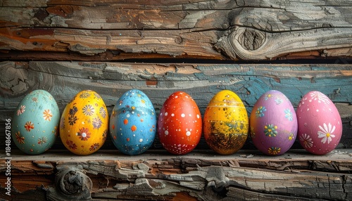 A vibrant row of seven intricately decorated Easter eggs resting on rustic weathered wood.