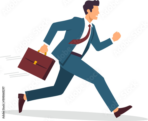 Businessman holding a briefcase and running fast. Flat vector illustration in Corporate Memphis style. Deadline, time management, urgency, and express delivery concept isolated on white background.