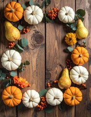 Autumn harvest border arrangement of gourds, pears, berries, and eucalyptus on dark wood.