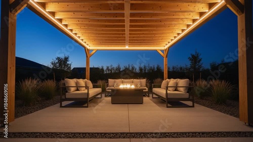 Symmetrical pergola lounge night lighting, dolly-in under a wooden pergola featuring hidden warm LED lighting and symmetrical seating around a central fire table.