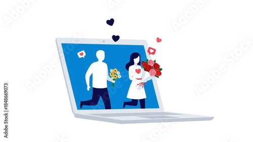 Virtual Romantic Connection: Couple exchanging flowers on a laptop screen illustration