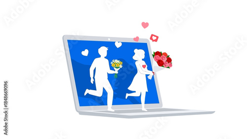 Online Dating Concept: Couple with Flowers Expressing Love on Laptop Interface