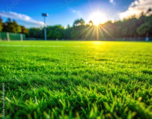 Vibrant close-up of lush green soccer field grass bathed in bright setting sun.