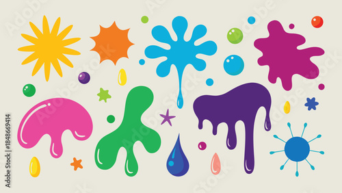 Brightly colored paint splatter stencils displayed on a white background, creating a lively and artistic visual effect..eps