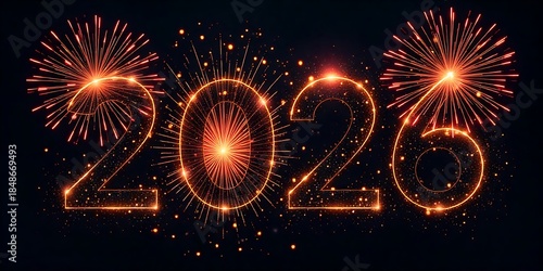 Happy New Year 2026 black vector, strong typographic layout, thick strokes, stylized fireworks silhouettes