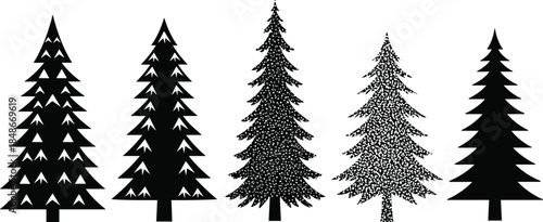 Set of various pine tree silhouettes vector illustration, coniferous evergreen fir and spruce forest elements for nature landscape design, isolated