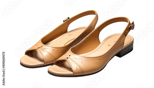 A pair of beige-toned open-toed slingback sandals, showcasing a sophisticated design with delicate stitching and adjustable straps. A modern style