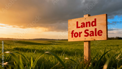 Land for sale sign in rural green field at sunset with cloudy sky and distant rolling hills