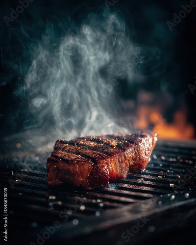 Thick-cut wagyu steak sizzling on cast iron grill with smoke for premium culinary branding, gourmet food content, luxury dining visual storytelling

