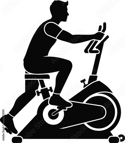 Silhouette, exercise bike, indoor cycling, fitness workout, cardio training, gym equipment, healthy lifestyle, black and white, sports icon, minimal design