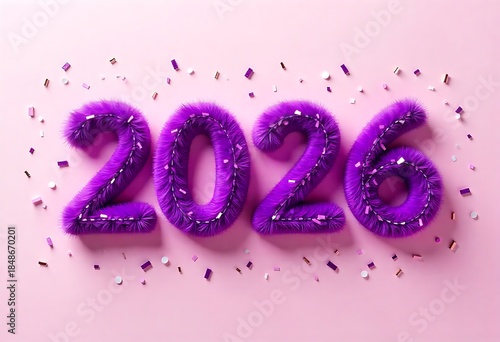 New Year 2026 purple furry typography, bouncy furry script with dense confetti sprinkles on light pink template