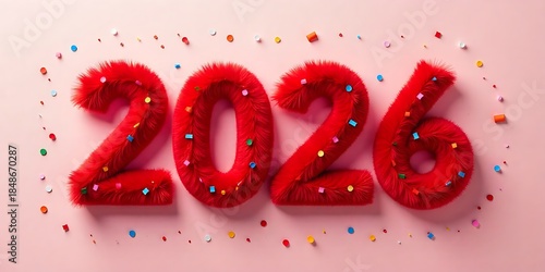 New Year 2026 red furry typography, bouncy furry script with multicolored confetti accents on pastel pink template