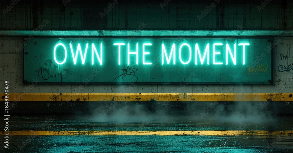 Naklejka premium Neon sign displays motivational phrase. Dark background emphasizes bright text, creating dramatic effect. Concrete textures visible.