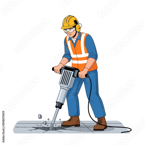 construction worker using a jackhammer on a construction site wearing safety gear and hard hat