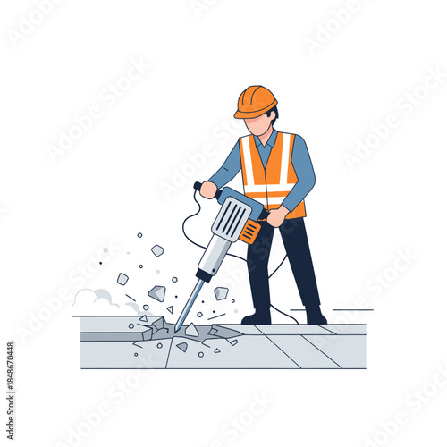 illustration of construction worker demolishing concrete with jackhammer for infrastructure repair