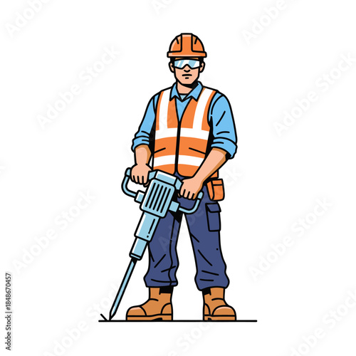 Construction worker in safety gear using a power drill on a building site demonstrating workplace