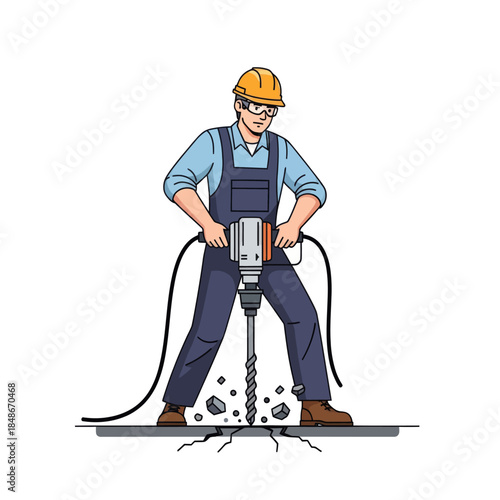 Construction worker operating a jackhammer on a concrete surface during a worksite project