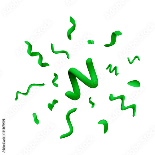3d Green curly confetti ribbons falling. Illustration of party decoration or celebration element for festive design background, Happy New Year or Carnival. Vector illustration