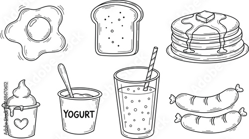 Hand drawn doodle set of different breakfast or brunch elements. Outline illustration of healthy morning food and drink in sketch style. Vintage linear design
