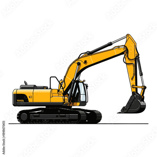 Modern yellow excavator with detailed mechanical parts on a plain white background for