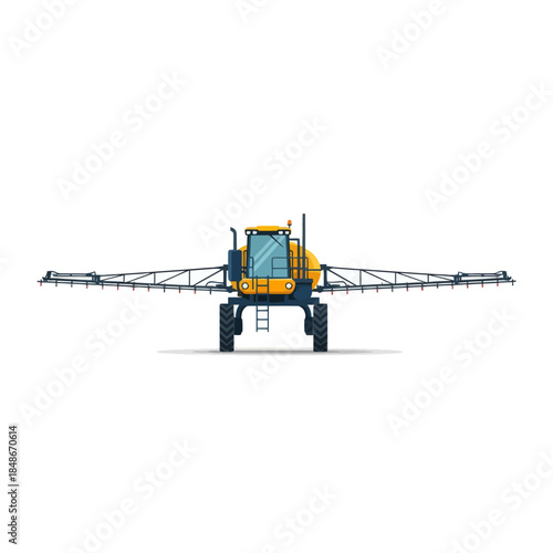 Modern agricultural equipment with long stabilizing arms positioned for ground coverage in rural