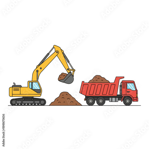 Construction Excavator Loading Soil into a Dump Truck for Earthmoving Projects
