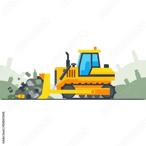 Illustration of a compact yellow bulldozer clearing debris on a construction site with gear