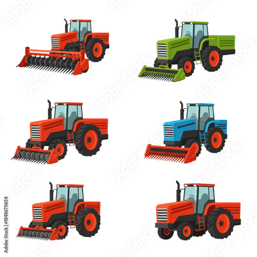 Colorful Collection of Modern Agricultural Tractors with Attachments in Bright Varieties and