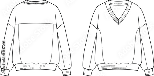 Women's V-Neck Oversized Sweatshirt Technical Sketch, CAD Drawing Flat Vector Illustration, Front and Back View, Fashion Apparel Design Mockup Template