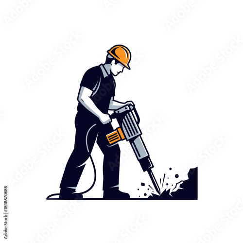 Illustration of a construction worker operating a jackhammer on a building site with safety gear