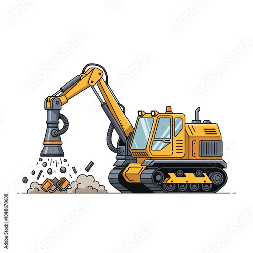 Illustration of a compact excavator performing demolition with a hydraulic arm in a construction