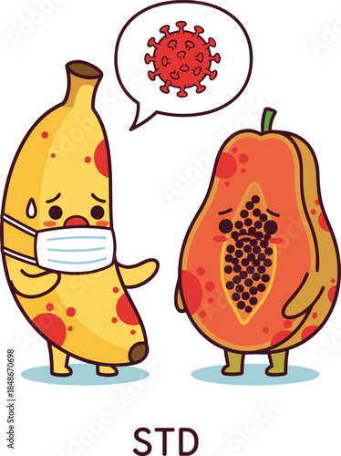 Vector Cartoon Illustration of a Sick Banana and Papaya with Virus Symbol Representing STD and Sexual Health Awareness