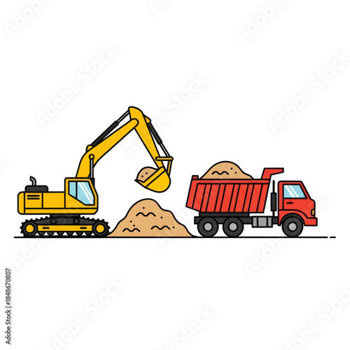 construction excavator loading sand into truck for building site process in a colorful illustration