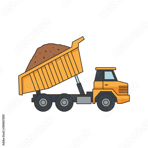 Illustration of a heavy-duty dump truck transporting a large load of dirt or soil with simple