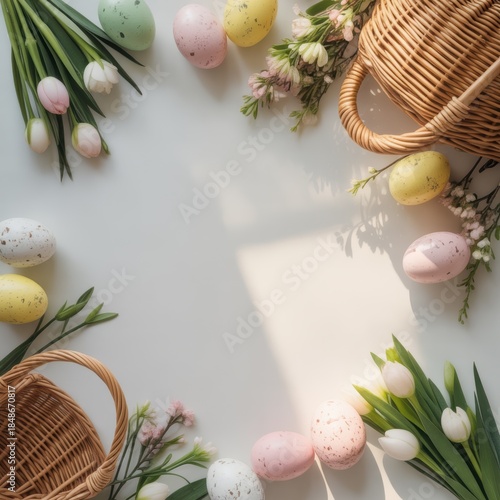 Holiday-themed background with empty white central area framed by Easter eggs, ribbons, fresh spring flowers. Wallpaper, holiday cards, promotions, and seasonal banners